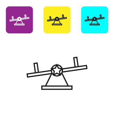 Beyaz arka planda yalıtılmış siyah çizgi Seesaw simgesi. Teeter eşit tahta. Oyun alanı sembolü. Simgeleri renkli kare düğmeleri ayarlayın. Vektör İllüstrasyonu
