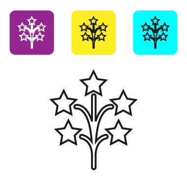 Siyah çizgi Havai fişek simgesi beyaz arka plan üzerinde izole. Eğlenceli parti kavramı. Patlayıcı piroteknik sembol. Simgeleri renkli kare düğmeleri ayarlayın. Vektör İllüstrasyonu