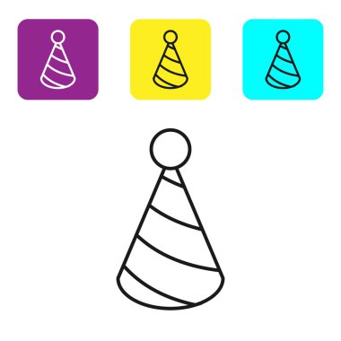 Siyah çizgi Parti şapka simgesi beyaz arka plan üzerinde izole. Doğum günü şapkası. Simgeleri renkli kare düğmeleri ayarlayın. Vektör İllüstrasyonu