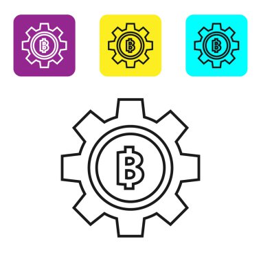 Beyaz arka plan üzerinde siyah çizgi Cryptocurrency sikke Bitcoin simgesi. Dişli ve Bitcoin ayarı. Blockchain tabanlı güvenli kripto para birimi. Simgeleri renkli kare düğmeleri ayarlayın. Vektör İllüstrasyonu
