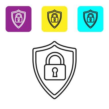 Beyaz arka plan üzerinde kilit simgesi ile Siyah hat Shield güvenlik. Koruma, güvenlik, şifre güvenliği. Güvenlik duvarı erişim gizlilik işareti. Simgeleri renkli kare düğmeleri ayarlayın. Vektör İllüstrasyonu