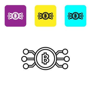 Siyah çizgi Cryptocurrency bitcoin beyaz arka plan üzerinde mikroçip devre simgesi ile daire içinde. Blockchain teknolojisi, dijital para piyasası. Simgeleri renkli kare düğmeleri ayarlayın. Vektör İllüstrasyonu