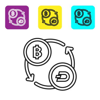Beyaz arka plan üzerinde siyah çizgi Cryptocurrency döviz simgesi. Bitcoin'den Dash'e döviz simgesi. Kripto para teknolojisi, mobil bankacılık. Simgeleri renkli kare düğmeleri ayarlayın. Vektör İllüstrasyonu