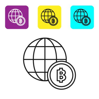 Siyah çizgi Globe ve beyaz arka plan üzerinde kripto para sikke Bitcoin simgesi. Fiziksel biraz para. Blockchain tabanlı güvenli kripto para birimi. Simgeleri renkli kare düğmeleri ayarlayın. Vektör İllüstrasyonu