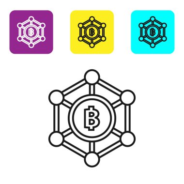 Siyah çizgi Blockchain teknolojisi Bitcoin simgesi beyaz arka plan üzerinde. Soyut geometrik blok zincir ağ teknolojisi iş. Simgeleri renkli kare düğmeleri ayarlayın. Vektör İllüstrasyonu