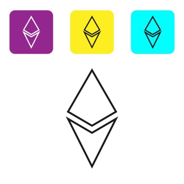 Beyaz arka plan üzerinde Siyah çizgi Cryptocurrency sikke Ethereum Eth simgesi. Altcoin sembolü. Blockchain tabanlı güvenli kripto para birimi. Simgeleri renkli kare düğmeleri ayarlayın. Vektör İllüstrasyonu