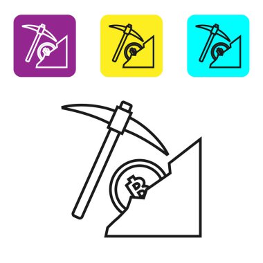 Beyaz arka plan üzerinde siyah çizgi Cryptocurrency bulut madenciliği simgesi. Kazma ile bulut, bitcoin, dijital para piyasası, cryptocoin cüzdan. Simgeleri renkli kare düğmeleri ayarlayın. Vektör İllüstrasyonu