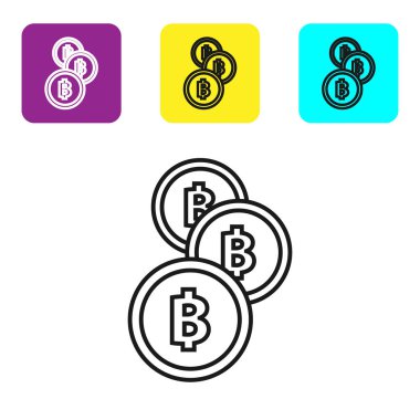 Beyaz arka plan üzerinde siyah çizgi Cryptocurrency sikke Bitcoin simgesi. Fiziksel biraz para. Blockchain tabanlı güvenli kripto para birimi. Simgeleri renkli kare düğmeleri ayarlayın. Vektör İllüstrasyonu