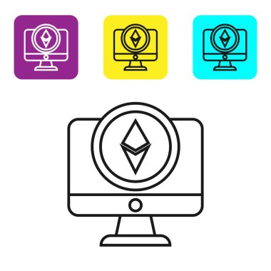 Siyah çizgi Monitör ve Cryptocurrency sikke Ethereum Eth simgesi beyaz arka plan üzerinde. Altcoin sembolü. Blockchain tabanlı güvenli kripto para birimi. Simgeleri renkli kare düğmeleri ayarlayın. Vektör İllüstrasyonu