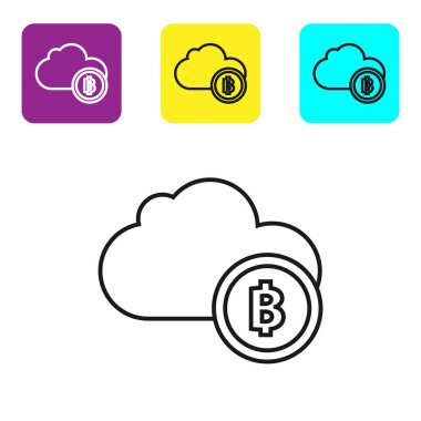 Beyaz arka plan üzerinde siyah çizgi Cryptocurrency bulut madenciliği simgesi. Blockchain teknolojisi, bitcoin, dijital para piyasası, kripto para cüzdanı. Simgeleri renkli kare düğmeleri ayarlayın. Vektör İllüstrasyonu