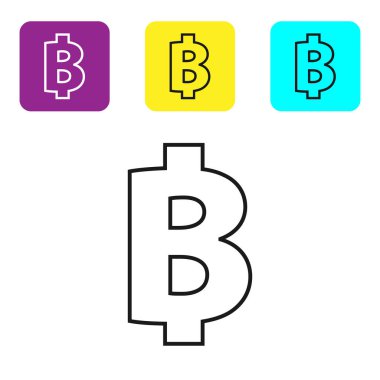 Beyaz arka plan üzerinde siyah çizgi Cryptocurrency sikke Bitcoin simgesi. Fiziksel biraz para. Blockchain tabanlı güvenli kripto para birimi. Simgeleri renkli kare düğmeleri ayarlayın. Vektör İllüstrasyonu