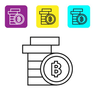 Beyaz arka plan üzerinde siyah çizgi Cryptocurrency sikke Bitcoin simgesi. Fiziksel biraz para. Blockchain tabanlı güvenli kripto para birimi. Simgeleri renkli kare düğmeleri ayarlayın. Vektör İllüstrasyonu
