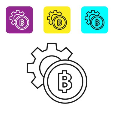 Beyaz arka plan üzerinde siyah çizgi Cryptocurrency sikke Bitcoin simgesi. Dişli ve Bitcoin ayarı. Blockchain tabanlı güvenli kripto para birimi. Simgeleri renkli kare düğmeleri ayarlayın. Vektör İllüstrasyonu