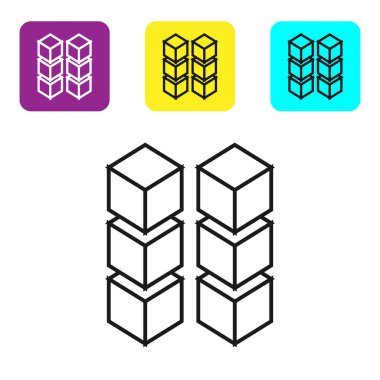 Beyaz arka plan üzerinde siyah çizgi Blockchain teknoloji simgesi. Kripto para birimi verileri. Soyut geometrik blok zincir ağ teknolojisi iş. Simgeleri renkli kare düğmeleri ayarlayın. Vektör İllüstrasyonu