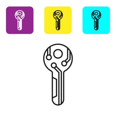 Beyaz arka planda siyah çizgi Cryptocurrency anahtar simgesi. Siber güvenlik veya özel anahtar kavramı, teknoloji arayüzü ile dijital anahtar. Simgeleri renkli kare düğmeleri ayarlayın. Vektör İllüstrasyonu