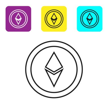 Beyaz arka plan üzerinde Siyah çizgi Cryptocurrency sikke Ethereum Eth simgesi. Altcoin sembolü. Blockchain tabanlı güvenli kripto para birimi. Simgeleri renkli kare düğmeleri ayarlayın. Vektör İllüstrasyonu