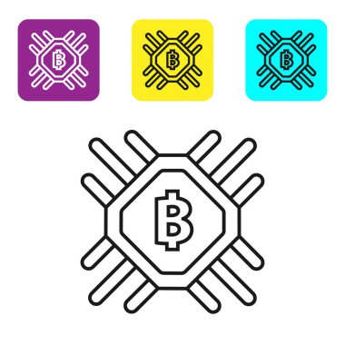 Beyaz arka plan üzerinde Siyah çizgi Cpu madenciliği çiftlik simgesi. Bitcoin işlemci içinde işareti. Kripto para madenciliği topluluğu. Dijital para. Simgeleri renkli kare düğmeleri ayarlayın. Vektör İllüstrasyonu