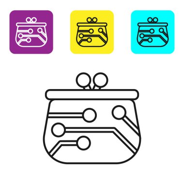 Beyaz arka planda siyah çizgi Cryptocurrency cüzdan simgesi. Cüzdan ve bitcoin işareti. Madencilik konsepti. Para, ödeme, nakit, ödeme simgesi. Simgeleri renkli kare düğmeleri ayarlayın. Vektör İllüstrasyonu