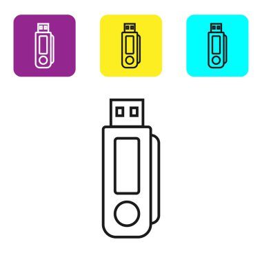 Beyaz arka planda siyah çizgi Usb flash sürücü simgesi. Simgeleri renkli kare düğmeleri ayarlayın. Vektör İllüstrasyonu