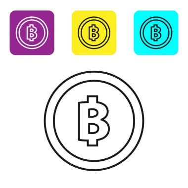 Beyaz arka plan üzerinde siyah çizgi Cryptocurrency sikke Bitcoin simgesi. Fiziksel biraz para. Blockchain tabanlı güvenli kripto para birimi. Simgeleri renkli kare düğmeleri ayarlayın. Vektör İllüstrasyonu