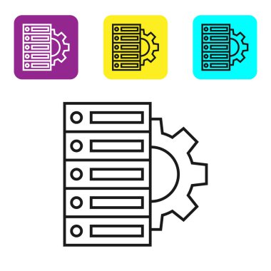 Siyah çizgi Server ve beyaz arka plan üzerinde dişli simgesi. Uygulama, servis konsepti, ayar seçenekleri, bakım, onarım, sabitleme ayarlama. Simgeleri renkli kare düğmeleri ayarlayın. Vektör İllüstrasyonu