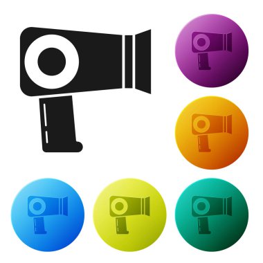 Siyah Saç kurutucu simgesi beyaz arka plan üzerinde izole. Saç kurutma makinesi işareti. Saç kurutma sembolü. Sıcak hava üflüyor. Simgeleri renkli daire düğmeleri ayarlayın. Vektör İllüstrasyonu