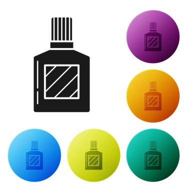 Siyah Aftershave simgesi beyaz arka plan üzerinde izole. Köln sprey simgesi. Erkek parfüm şişesi. Simgeleri renkli daire düğmeleri ayarlayın. Vektör İllüstrasyonu
