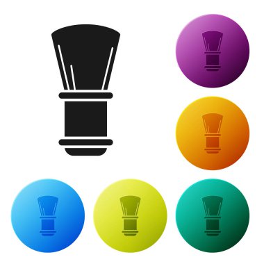 Beyaz arka planda yalıtılmış siyah Tıraş fırçası simgesi. Berber dükkanı sembolü. Simgeleri renkli daire düğmeleri ayarlayın. Vektör İllüstrasyonu