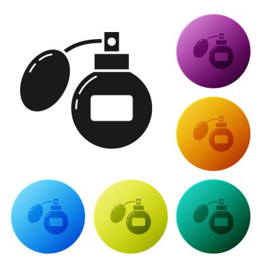 Siyah Aftershave simgesi beyaz arka plan üzerinde izole. Köln sprey simgesi. Erkek parfüm şişesi. Simgeleri renkli daire düğmeleri ayarlayın. Vektör İllüstrasyonu