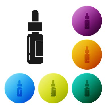 Pipetli siyah cam şişe. Beyaz arka plan üzerinde izole simgesi içinde bir pipet ile Şişe. Tıbbi ve kozmetik ürün konteyner. Simgeleri renkli daire düğmeleri ayarlayın. Vektör İllüstrasyonu