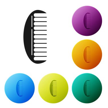 Siyah Hairbrush simgesi beyaz arka plan üzerinde izole. Saç işaretini taramak. Berber sembolü. Simgeleri renkli daire düğmeleri ayarlayın. Vektör İllüstrasyonu