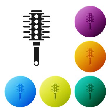 Siyah Hairbrush simgesi beyaz arka plan üzerinde izole. Saç işaretini taramak. Berber sembolü. Simgeleri renkli daire düğmeleri ayarlayın. Vektör İllüstrasyonu