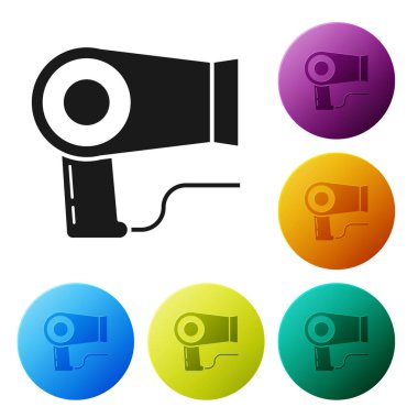 Siyah Saç kurutucu simgesi beyaz arka plan üzerinde izole. Saç kurutma makinesi işareti. Saç kurutma sembolü. Sıcak hava üflüyor. Simgeleri renkli daire düğmeleri ayarlayın. Vektör İllüstrasyonu