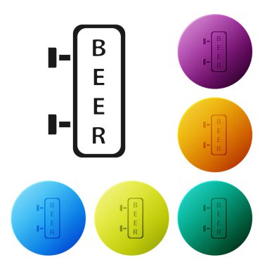 Beyaz arka planda izole yazıt Bira simgesi ile Siyah Sokak tabelası. Reklam bar, kafe, pub, restoran için uygundur. Simgeleri renkli daire düğmeleri ayarlayın. Vektör İllüstrasyonu