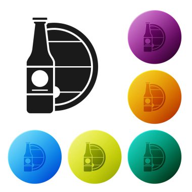 Siyah Bira şişesi ve ahşap varil simgesi beyaz arka plan üzerinde izole. Simgeleri renkli daire düğmeleri ayarlayın. Vektör İllüstrasyonu