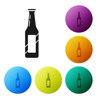 Siyah Bira şişesi simgesi beyaz arka plan üzerinde izole. Simgeleri renkli daire düğmeleri ayarlayın. Vektör İllüstrasyonu