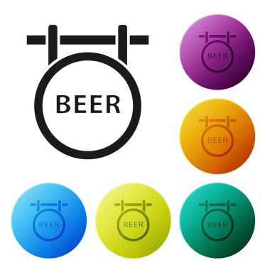 Beyaz arka planda izole yazıt Bira simgesi ile Siyah Sokak tabelası. Reklam bar, kafe, pub, restoran için uygundur. Simgeleri renkli daire düğmeleri ayarlayın. Vektör İllüstrasyonu