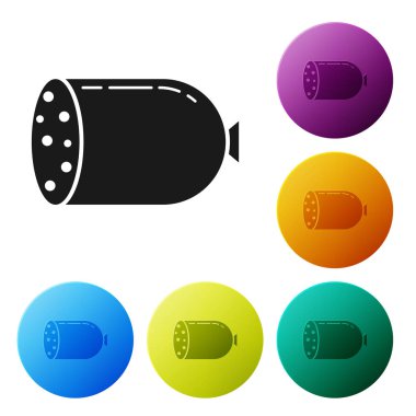 Siyah Salam sosis simgesi beyaz arka plan üzerinde izole. Et şarküteri ürünü. Simgeleri renkli daire düğmeleri ayarlayın. Vektör İllüstrasyonu