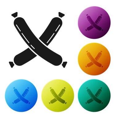 Siyah Çapraz sosis simgesi beyaz arka plan üzerinde izole. Izgara sosis ve aroma işareti. Simgeleri renkli daire düğmeleri ayarlayın. Vektör İllüstrasyonu