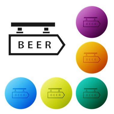 Beyaz arka planda izole yazıt Bira simgesi ile Siyah Sokak tabelası. Reklam bar, kafe, pub, restoran için uygundur. Simgeleri renkli daire düğmeleri ayarlayın. Vektör İllüstrasyonu