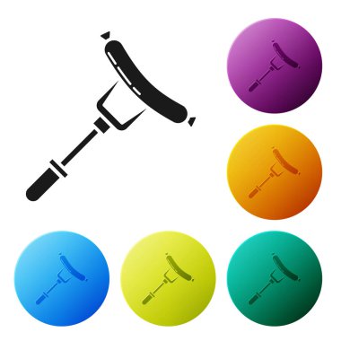 Beyaz arka planda izole çatal simgesi üzerinde Siyah Sosis. Izgara sosis ve aroma işareti. Simgeleri renkli daire düğmeleri ayarlayın. Vektör İllüstrasyonu