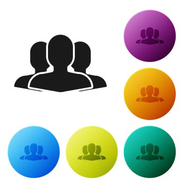 Siyah Kullanıcılar grup simgesi beyaz arka planda yalıtılmış. Kişi grubu simgesi. İş avatarı simgesi kullanıcı profili simgesi. Simgeleri renkli daire düğmeleri ayarlayın. Vektör İllüstrasyonu