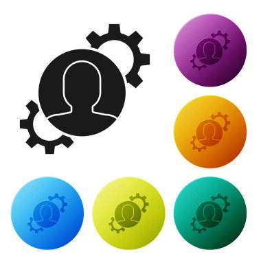 Siyah İnsan beyaz arka plan üzerinde izole simgesi içinde dişli ile. Yapay zeka. Beyin işaretini düşünmek. Beynin sembol çalışması. Simgeleri renkli daire düğmeleri ayarlayın. Vektör İllüstrasyonu