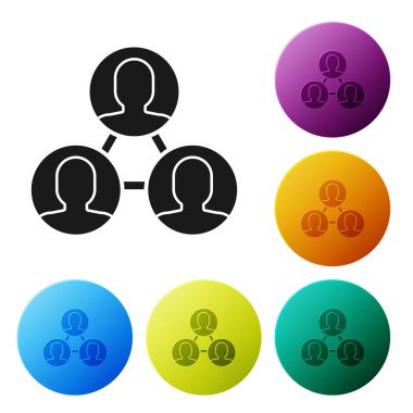 Siyah Proje takım taban simgesi beyaz arka planda yalıtılmış. İş analizi ve planlaması, danışmanlık, ekip çalışması, proje yönetimi. Simgeleri renkli daire düğmeleri ayarlayın. Vektör İllüstrasyonu