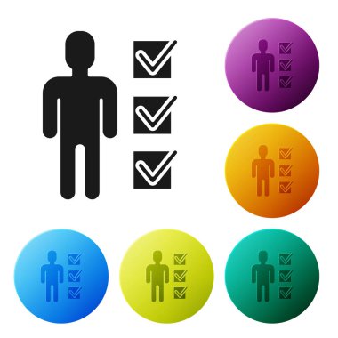 Siyah Kullanıcı iş elbisesi simgesi beyaz arka plan üzerinde izole adam. İş avatarı sembolü kullanıcı profili simgesi. Erkek kullanıcı işareti. Simgeleri renkli daire düğmeleri ayarlayın. Vektör İllüstrasyonu