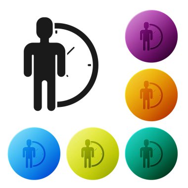 Siyah zaman yönetimi simgesi beyaz arka planda yalıtılmış. Saat ve vites işareti. Verimlilik sembolü. Simgeler renkli daire düğmelerini ayarlayın. Vektör Illustration