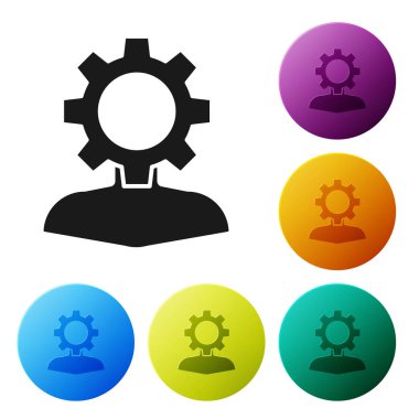 Siyah İnsan beyaz arka plan üzerinde izole simgesi içinde dişli ile. Yapay zeka. Beyin işaretini düşünmek. Beynin sembol çalışması. Simgeleri renkli daire düğmeleri ayarlayın. Vektör İllüstrasyonu