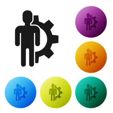 Siyah İnsan beyaz arka plan üzerinde izole simgesi içinde dişli ile. Yapay zeka. Beyin işaretini düşünmek. Beynin sembol çalışması. Simgeleri renkli daire düğmeleri ayarlayın. Vektör İllüstrasyonu
