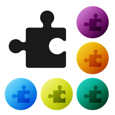 Beyaz arka planda yalıtılmış siyah bulmaca simgesi. Modern düz, iş, pazarlama, finans, internet kavramı. Simgeleri renkli daire düğmeleri ayarlayın. Vektör İllüstrasyonu