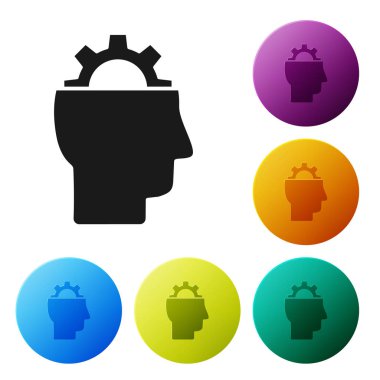 Siyah İnsan beyaz arka plan üzerinde izole simgesi içinde dişli ile. Yapay zeka. Beyin işaretini düşünmek. Beynin sembol çalışması. Simgeleri renkli daire düğmeleri ayarlayın. Vektör İllüstrasyonu